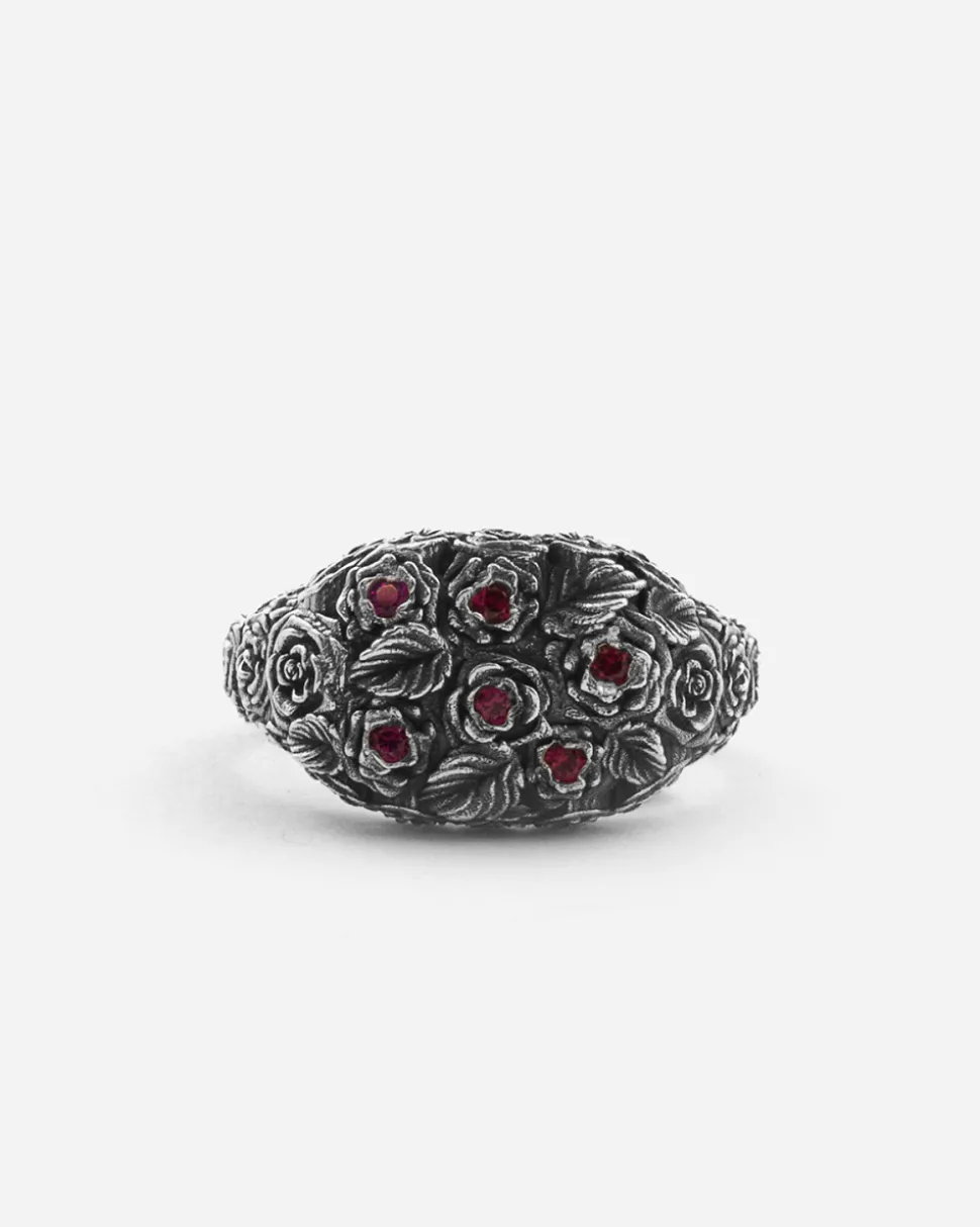 ANELLO CHEVALIER BLOODY GARDEN IN ARGENTO CON ROSE E BRILLANTI ROSSI