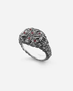 ANELLO CHEVALIER BLOODY GARDEN IN ARGENTO CON ROSE E BRILLANTI ROSSI