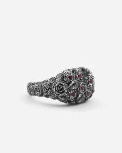 ANELLO CHEVALIER BLOODY GARDEN IN ARGENTO CON ROSE E BRILLANTI ROSSI