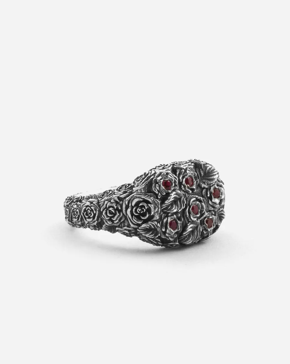 ANELLO CHEVALIER BLOODY GARDEN IN ARGENTO CON ROSE E BRILLANTI ROSSI