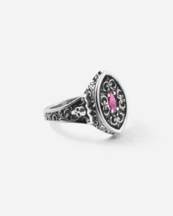 ANELLO CHEVALIER MARQUISE DECORATO BONNIE IN ARGENTO CON PIETRA ROSSA