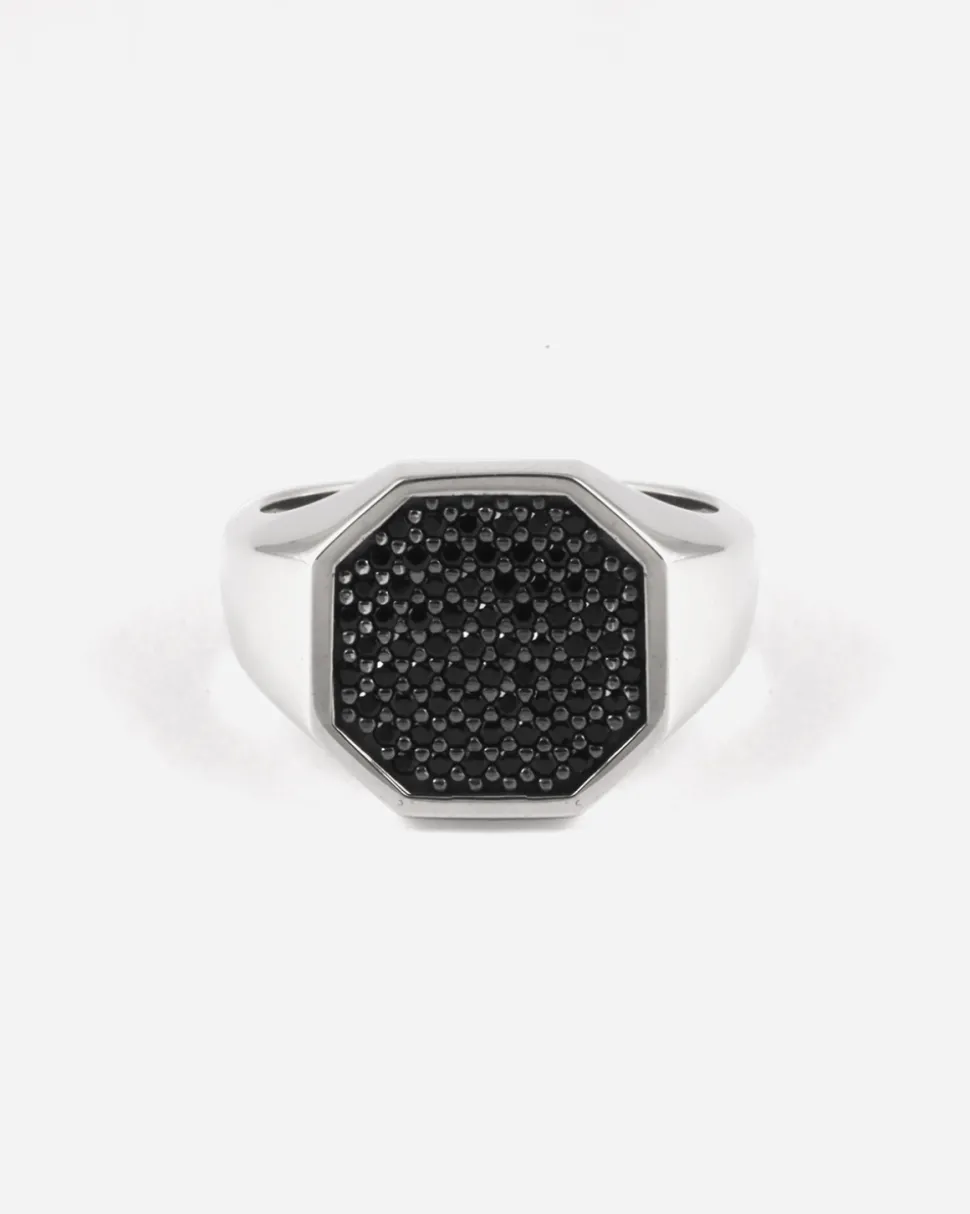 ANELLO CHEVALIER OTTAGONO IN ARGENTO CON PAVÈ DI BRILLANTI NERI