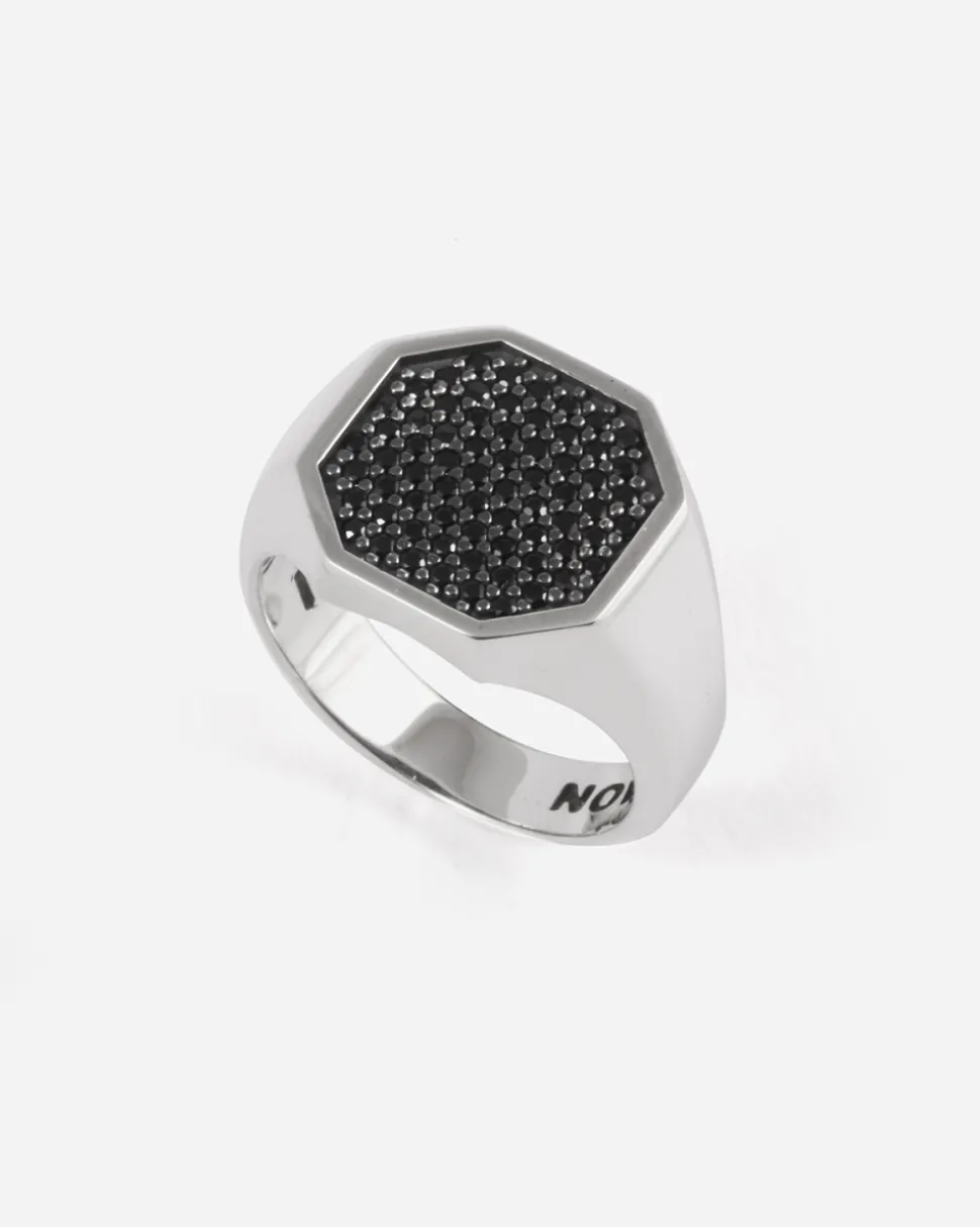 ANELLO CHEVALIER OTTAGONO IN ARGENTO CON PAVÈ DI BRILLANTI NERI