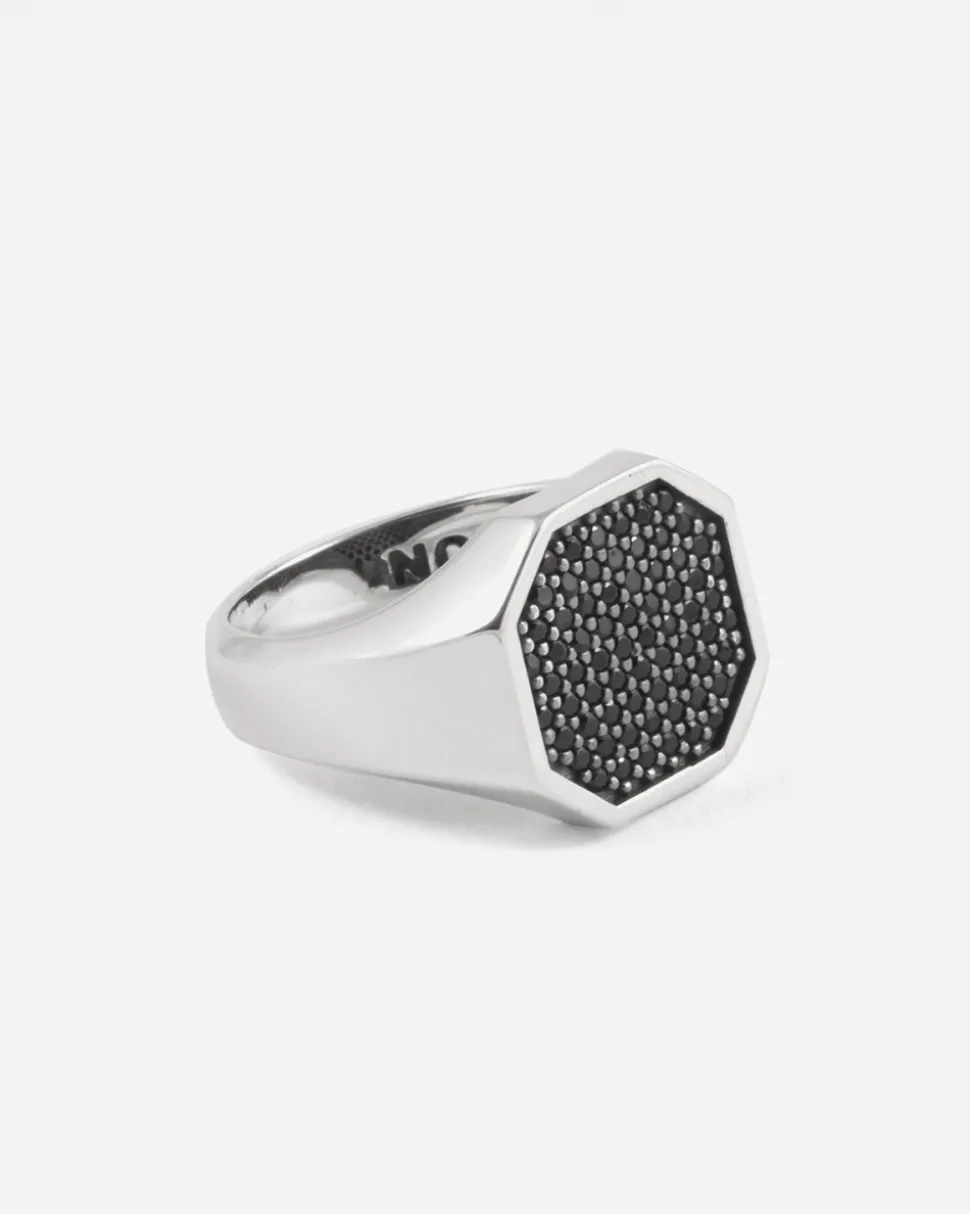 ANELLO CHEVALIER OTTAGONO IN ARGENTO CON PAVÈ DI BRILLANTI NERI