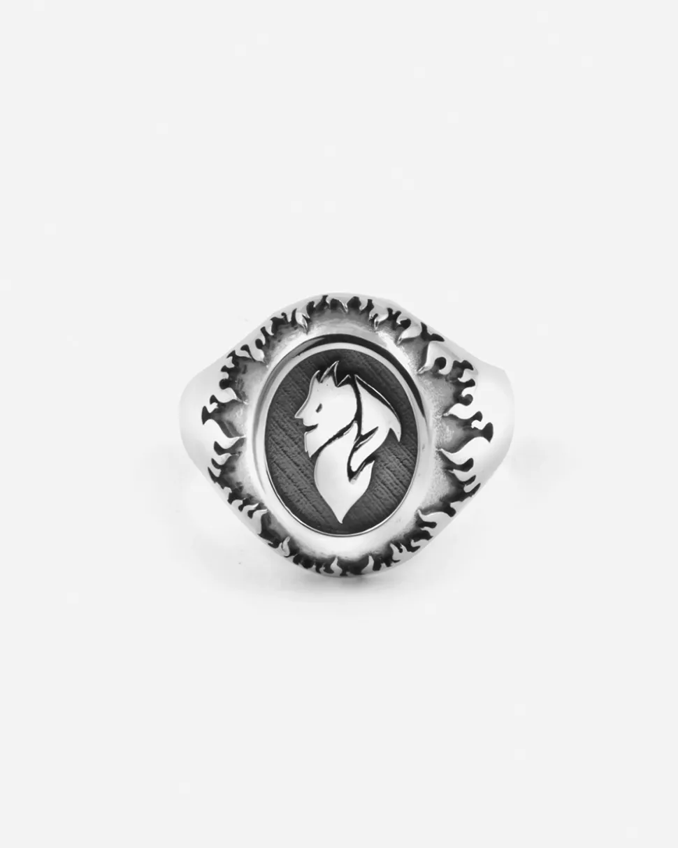 ANELLO CHEVALIER OVALE CON DIAVOLO AC MILAN E FIAMME IN ARGENTO