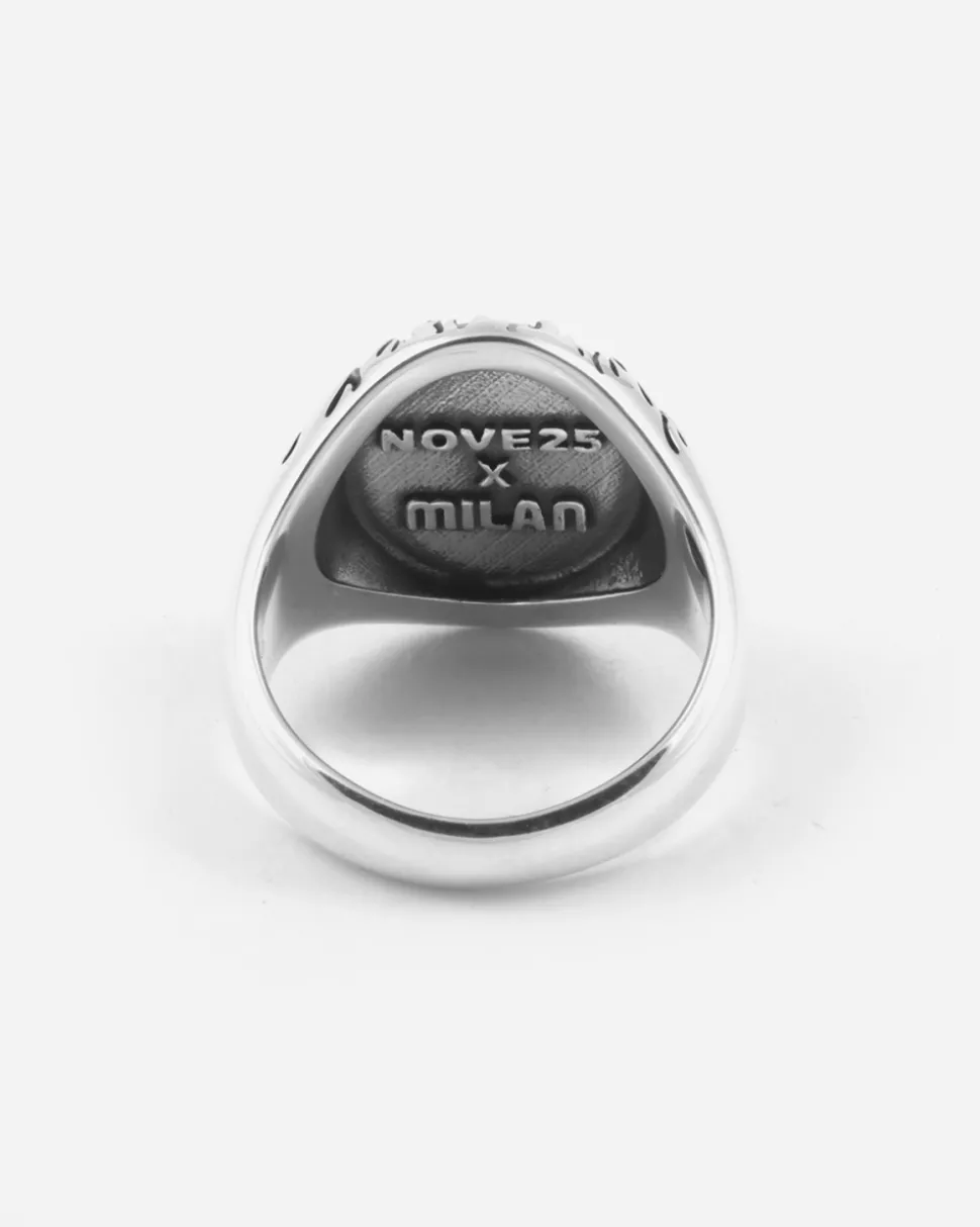 ANELLO CHEVALIER OVALE CON DIAVOLO AC MILAN E FIAMME IN ARGENTO