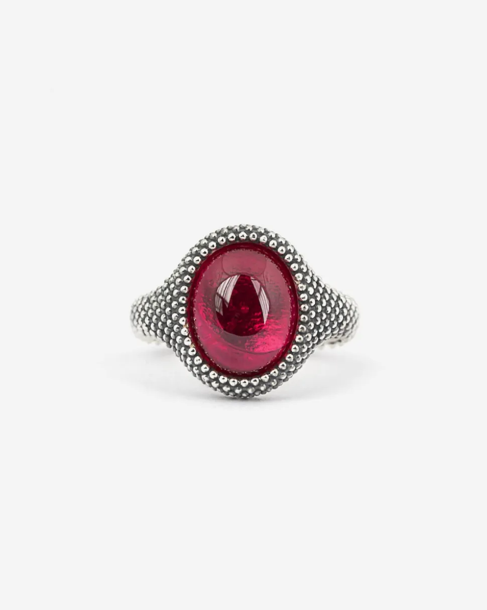 ANELLO CHEVALIER OVALE PUNTINATO CON PIETRA ROSSA