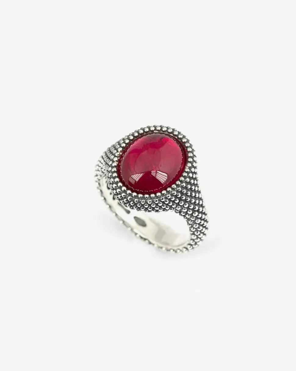 ANELLO CHEVALIER OVALE PUNTINATO CON PIETRA ROSSA