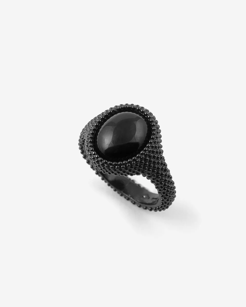 ANELLO CHEVALIER OVALE PUNTINATO TOTAL BLACK CON PIETRA NERA