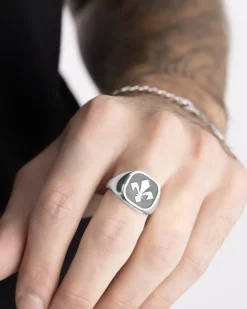 ANELLO CHEVALIER QUADRATO IN ARGENTO CON GIGLIO FIORENTINA SMALTATO PERSONALIZZABILE