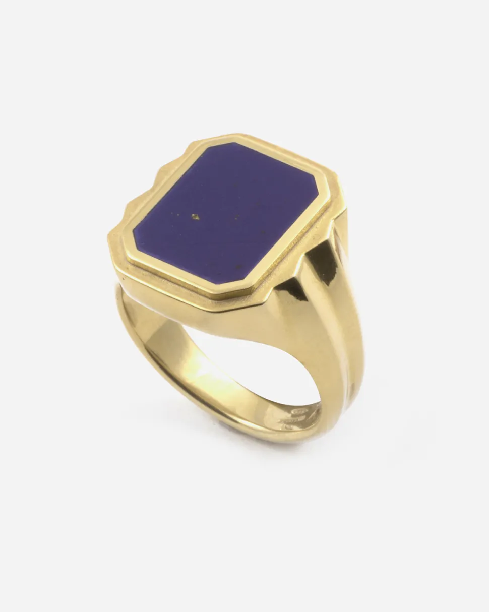 ANELLO CHEVALIER RETTANGOLARE WISDOM STONE PLACCATO ORO CON PIETRA LAPIS PIATTA