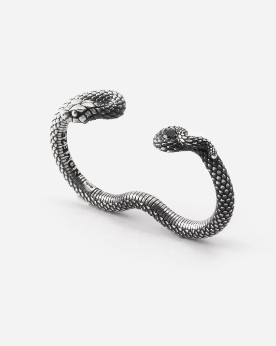ANELLO DUE DITA SERPENTE SNAKE TWINS IN ARGENTO CON PIETRA NERA