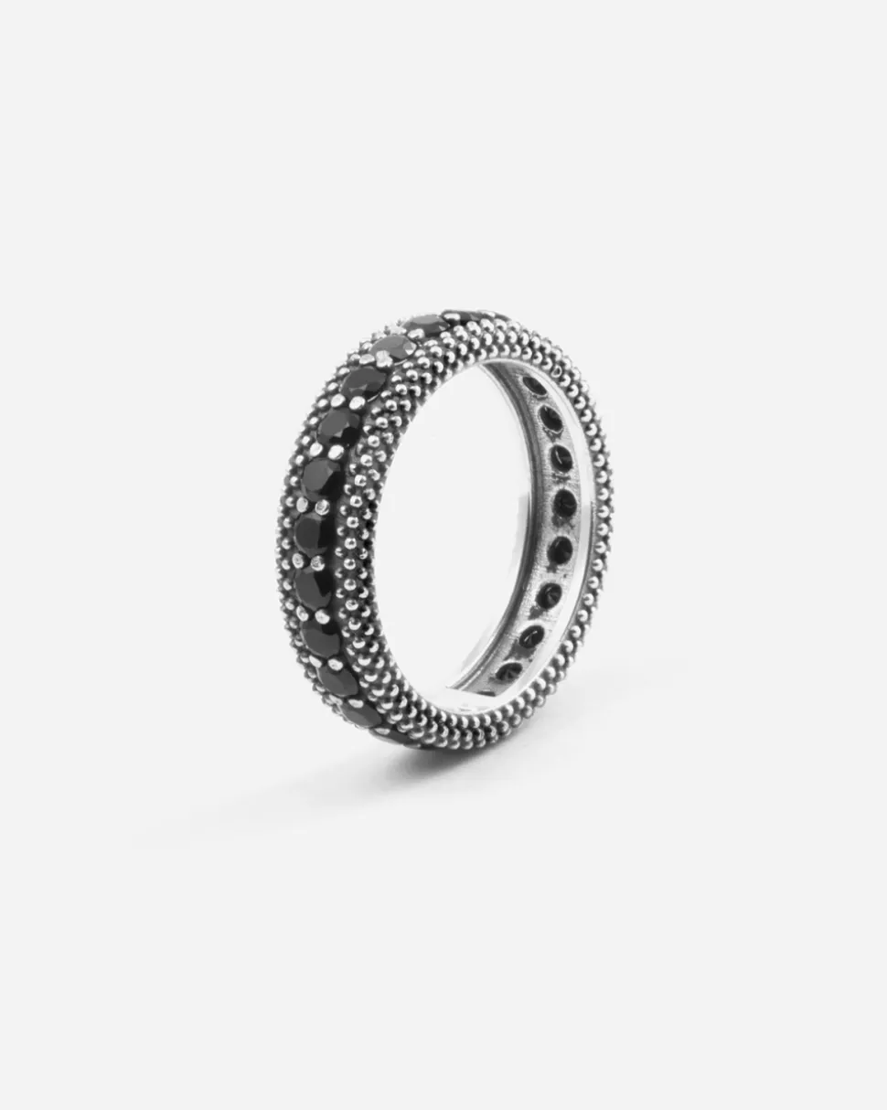 ANELLO FASCIA PUNTINATA IN ARGENTO BOLD BLACK WIND CON BRILLANTI NERI
