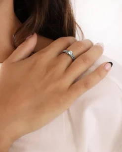 ANELLO FEDINA SOLITARIO FOGLIE IN ARGENTO CON BRILLANTE BIANCO