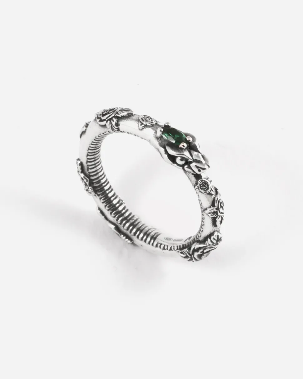 ANELLO SERPENTE UROBORO ETERNAL GREEN IN ARGENTO CON ROSE E BRILLANTI VERDI
