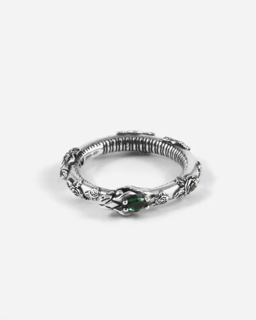 ANELLO SERPENTE UROBORO ETERNAL GREEN IN ARGENTO CON ROSE E BRILLANTI VERDI
