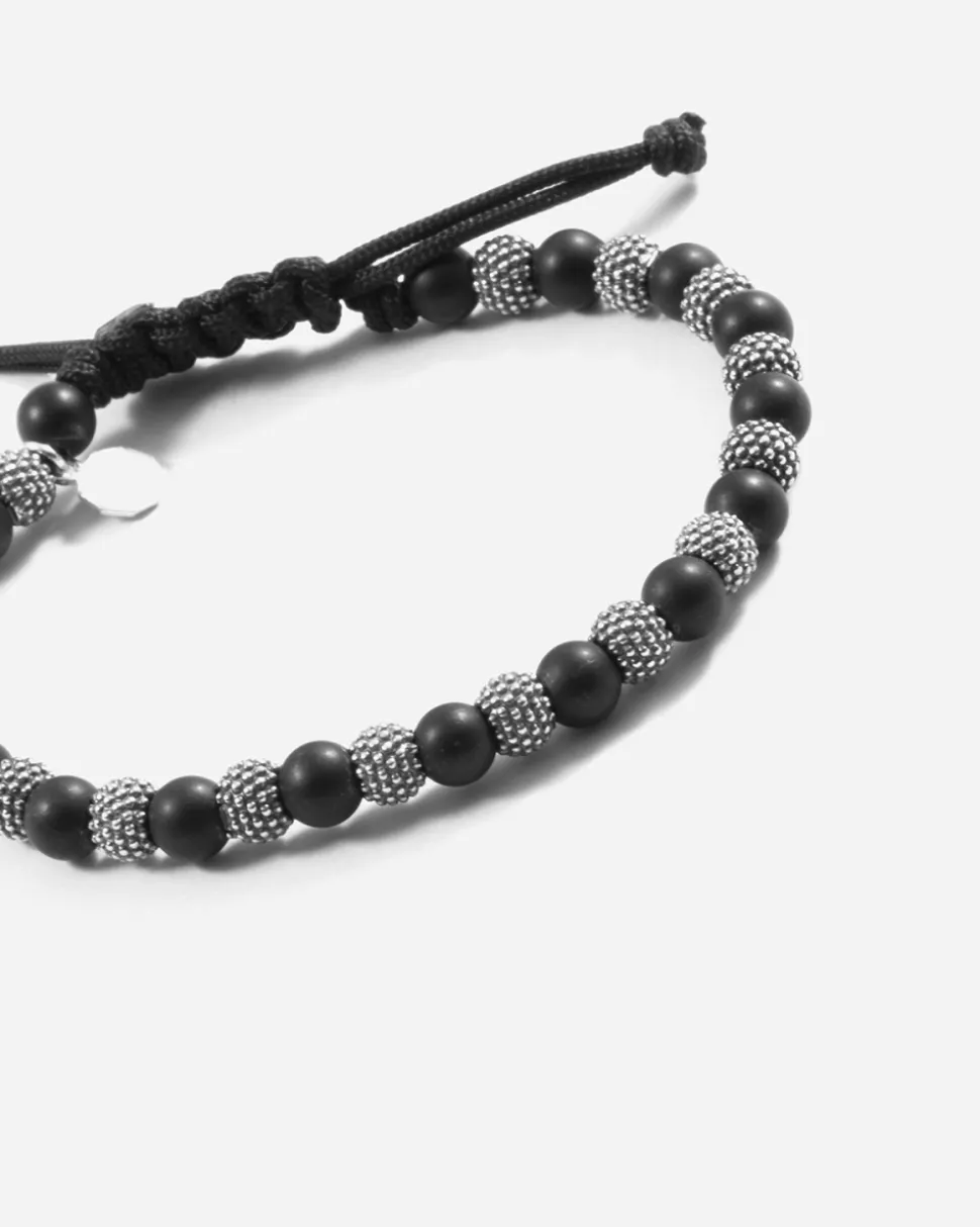 BRACCIALE BLACK SOUL IN CORDA CON PIETRE E PERLE PUNTINATE IN ARGENTO