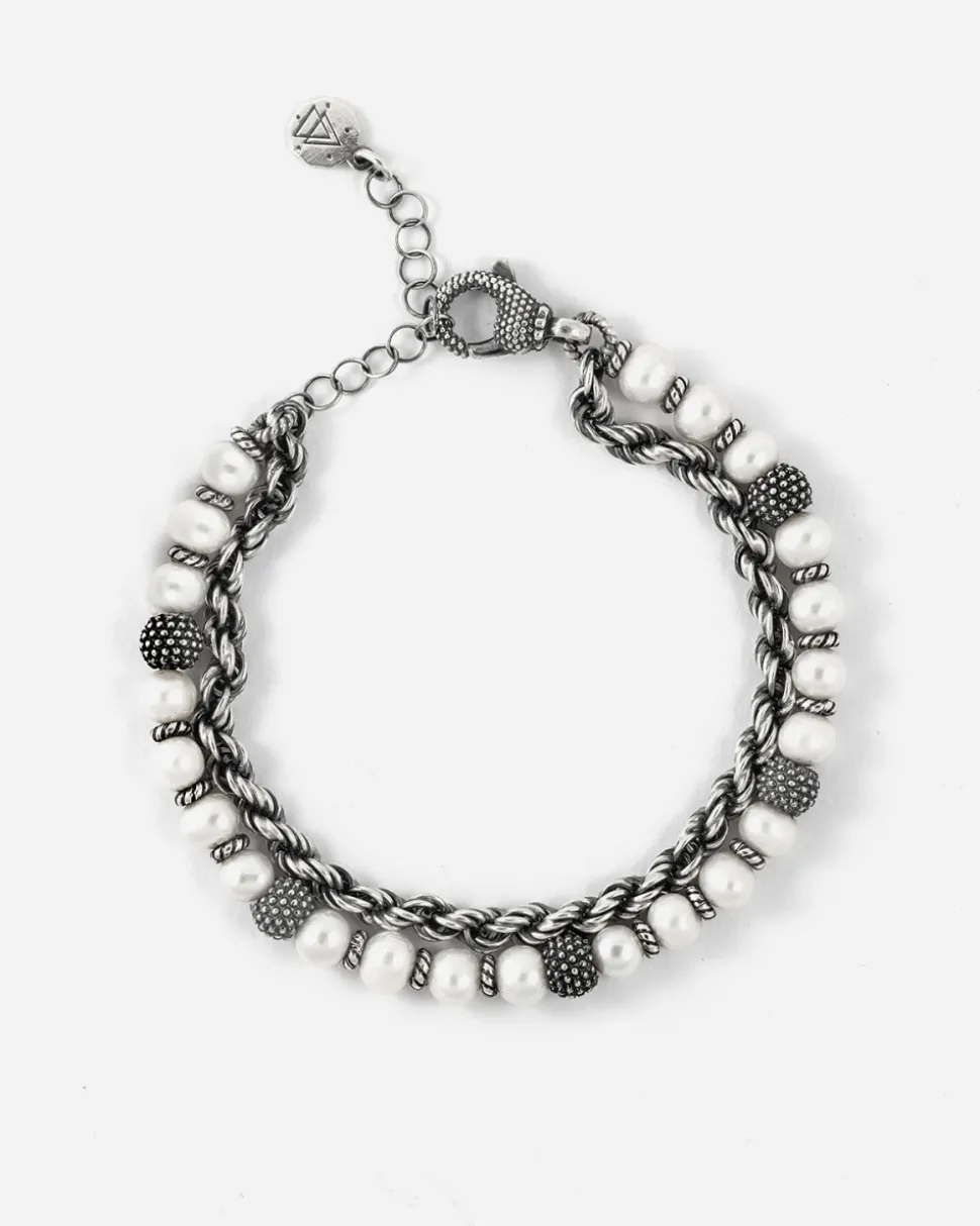 BRACCIALE CORDA PARTHENOPE IN ARGENTO CON PERLE E SFERE PUNTINATE