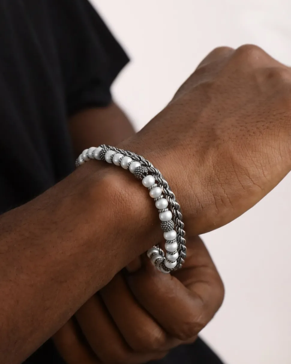 BRACCIALE CORDA PARTHENOPE IN ARGENTO CON PERLE E SFERE PUNTINATE