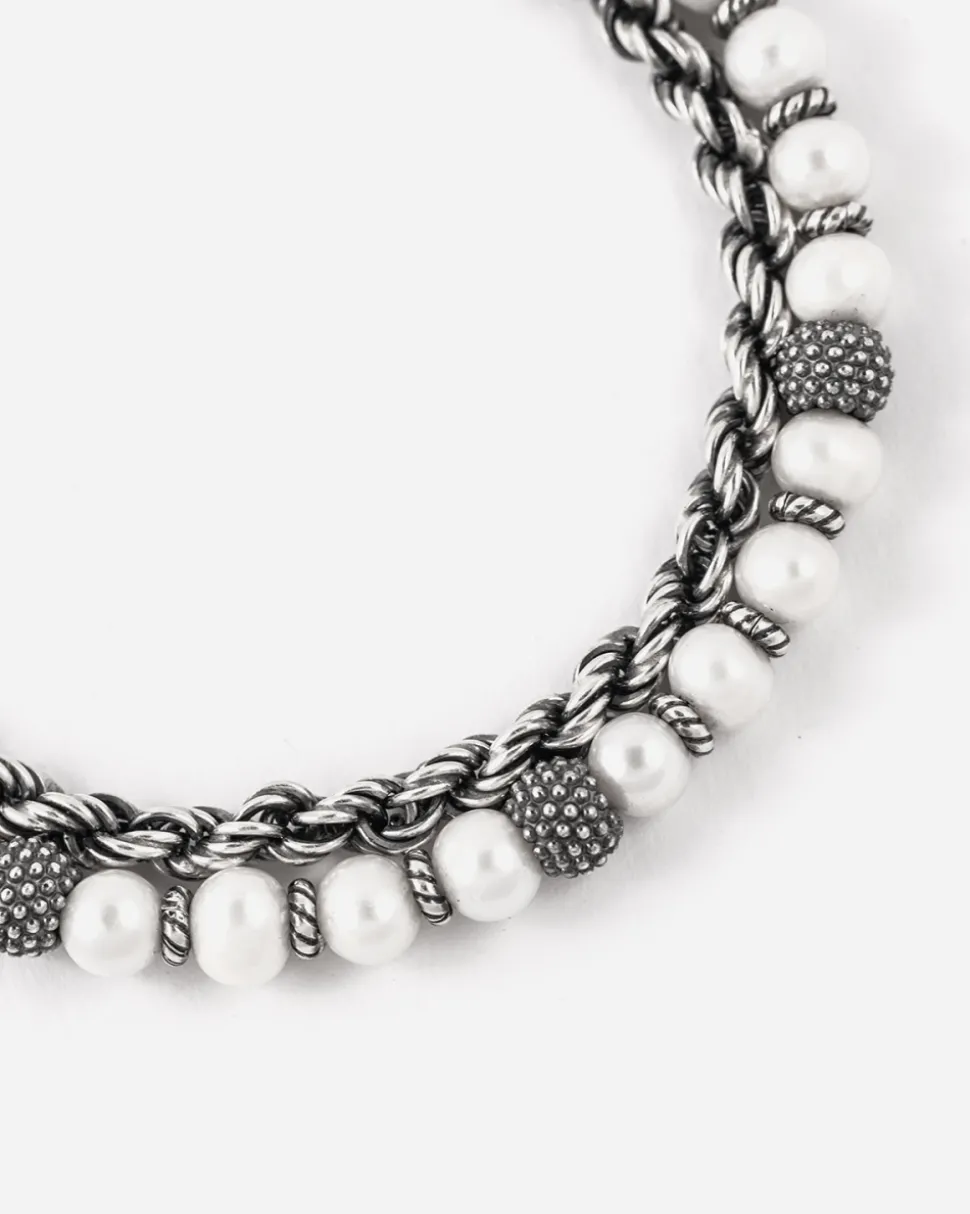 BRACCIALE CORDA PARTHENOPE IN ARGENTO CON PERLE E SFERE PUNTINATE