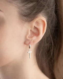 ORECCHINO A CERCHIO CON CROCE GRANDE PENDENTE IN ARGENTO RODIATO