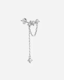 ORECCHINO PIERCING CON CATENA PENDENTE E BRILLANTI IN ARGENTO RODIATO