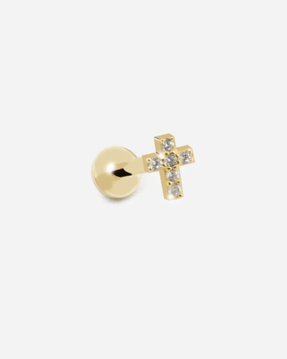 ORECCHINO PIERCING GOLDEN SHINY CROSS PLACCATO ORO CON BRILLANTI